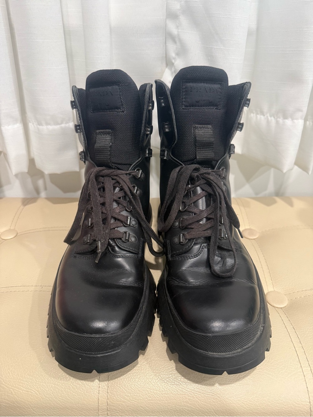 Prada Black Leather Combat Boots